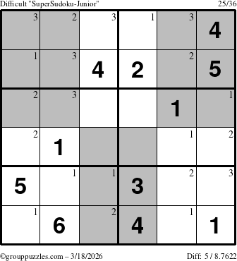 The grouppuzzles.com Difficult SuperSudoku-Junior puzzle for Wednesday March 18, 2026 with the first 3 steps marked