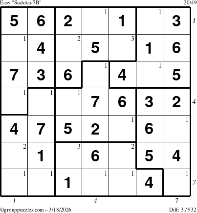 The grouppuzzles.com Easy Sudoku-7B puzzle for Wednesday March 18, 2026, suitable for printing, with all 3 steps marked
