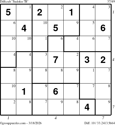 The grouppuzzles.com Difficult Sudoku-7B puzzle for Wednesday March 18, 2026, suitable for printing, with all 10 steps marked