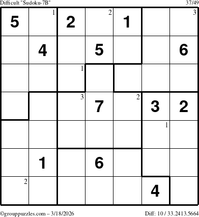 The grouppuzzles.com Difficult Sudoku-7B puzzle for Wednesday March 18, 2026 with the first 3 steps marked