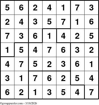 The grouppuzzles.com Answer grid for the Sudoku-7B puzzle for Wednesday March 18, 2026