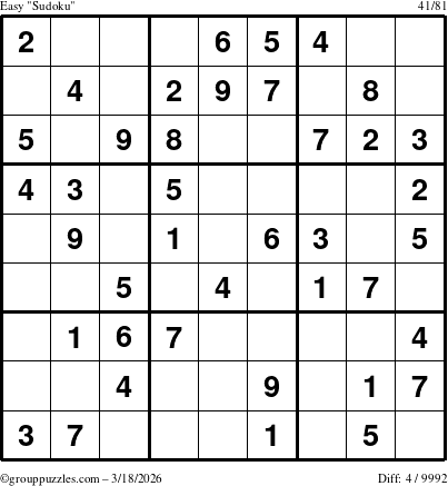 The grouppuzzles.com Easy Sudoku puzzle for Wednesday March 18, 2026