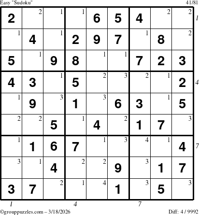 The grouppuzzles.com Easy Sudoku puzzle for Wednesday March 18, 2026 with all 4 steps marked