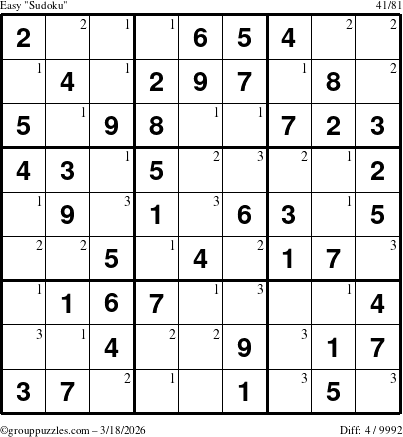 The grouppuzzles.com Easy Sudoku puzzle for Wednesday March 18, 2026 with the first 3 steps marked
