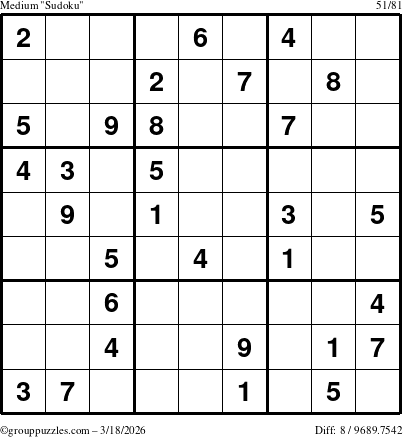 The grouppuzzles.com Medium Sudoku puzzle for Wednesday March 18, 2026