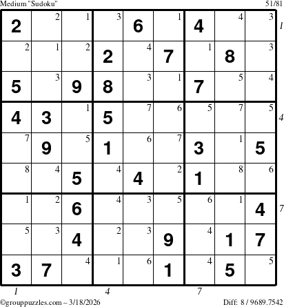 The grouppuzzles.com Medium Sudoku puzzle for Wednesday March 18, 2026, suitable for printing, with all 8 steps marked