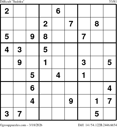 The grouppuzzles.com Difficult Sudoku puzzle for Wednesday March 18, 2026