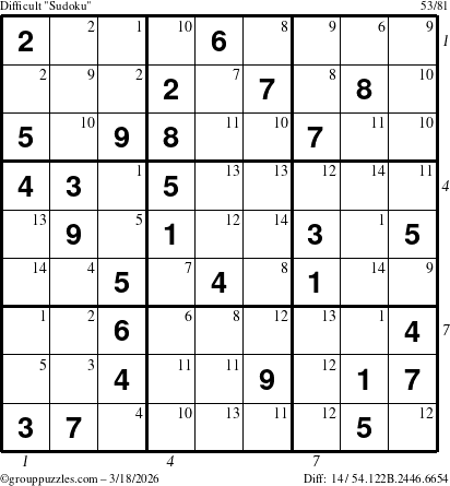 The grouppuzzles.com Difficult Sudoku puzzle for Wednesday March 18, 2026 with all 14 steps marked