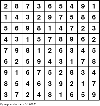 The grouppuzzles.com Answer grid for the Sudoku puzzle for Wednesday March 18, 2026