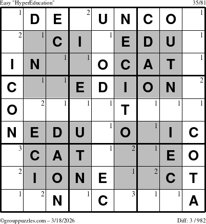 The grouppuzzles.com Easy HyperEducation-i23 puzzle for Wednesday March 18, 2026 with the first 3 steps marked