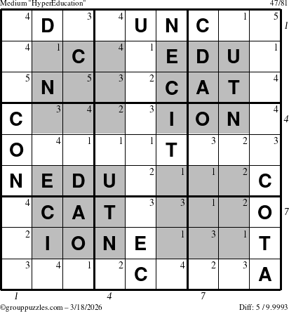 The grouppuzzles.com Medium HyperEducation-i23 puzzle for Wednesday March 18, 2026 with all 5 steps marked