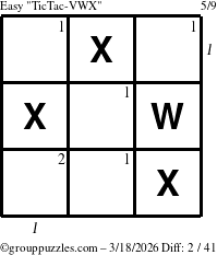 The grouppuzzles.com Easy TicTac-VWX puzzle for Wednesday March 18, 2026, suitable for printing, with all 2 steps marked