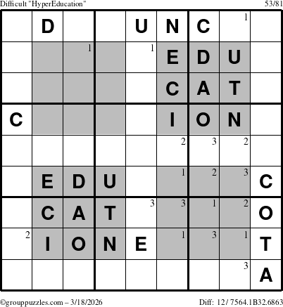 The grouppuzzles.com Difficult HyperEducation-i23 puzzle for Wednesday March 18, 2026 with the first 3 steps marked