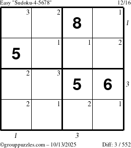 The grouppuzzles.com Easy Sudoku-4-5678 puzzle for Monday October 13, 2025 with all 3 steps marked