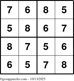 The grouppuzzles.com Answer grid for the Sudoku-4-5678 puzzle for Monday October 13, 2025