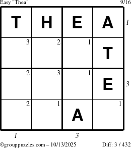 The grouppuzzles.com Easy Thea puzzle for Monday October 13, 2025 with all 3 steps marked