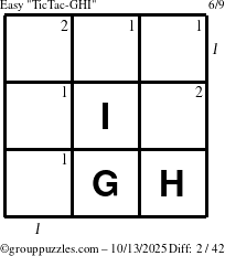 The grouppuzzles.com Easy TicTac-GHI puzzle for Monday October 13, 2025 with all 2 steps marked