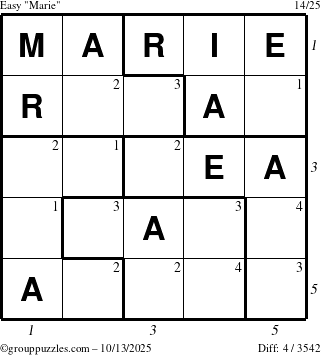 The grouppuzzles.com Easy Marie puzzle for Monday October 13, 2025 with all 4 steps marked