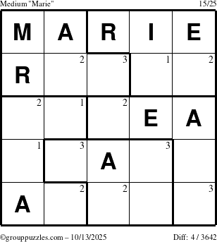 The grouppuzzles.com Medium Marie puzzle for Monday October 13, 2025 with the first 3 steps marked