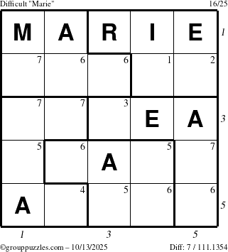 The grouppuzzles.com Difficult Marie puzzle for Monday October 13, 2025 with all 7 steps marked