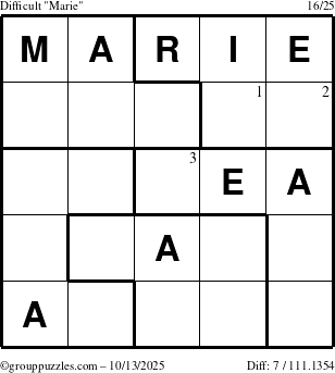 The grouppuzzles.com Difficult Marie puzzle for Monday October 13, 2025 with the first 3 steps marked