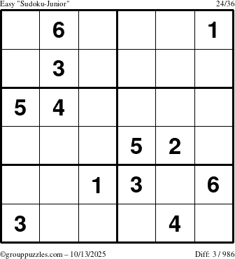 The grouppuzzles.com Easy Sudoku-Junior puzzle for Monday October 13, 2025