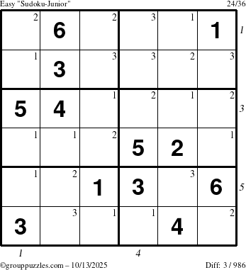 The grouppuzzles.com Easy Sudoku-Junior puzzle for Monday October 13, 2025 with all 3 steps marked