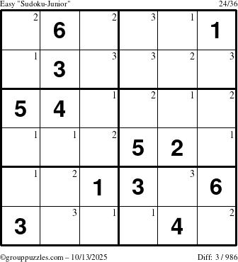 The grouppuzzles.com Easy Sudoku-Junior puzzle for Monday October 13, 2025 with the first 3 steps marked