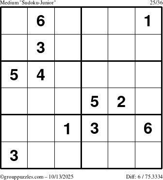 The grouppuzzles.com Medium Sudoku-Junior puzzle for Monday October 13, 2025