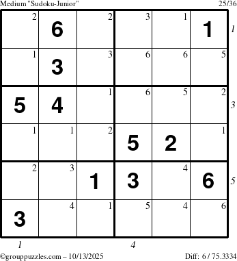 The grouppuzzles.com Medium Sudoku-Junior puzzle for Monday October 13, 2025 with all 6 steps marked