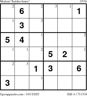 The grouppuzzles.com Medium Sudoku-Junior puzzle for Monday October 13, 2025 with the first 3 steps marked