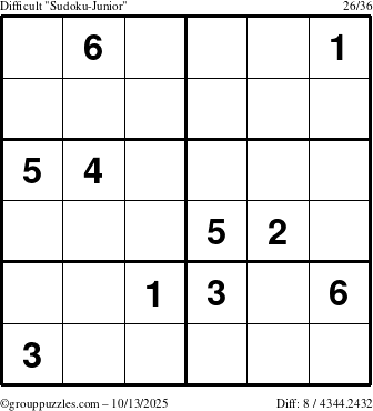 The grouppuzzles.com Difficult Sudoku-Junior puzzle for Monday October 13, 2025