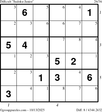 The grouppuzzles.com Difficult Sudoku-Junior puzzle for Monday October 13, 2025 with all 8 steps marked