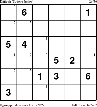 The grouppuzzles.com Difficult Sudoku-Junior puzzle for Monday October 13, 2025 with the first 3 steps marked