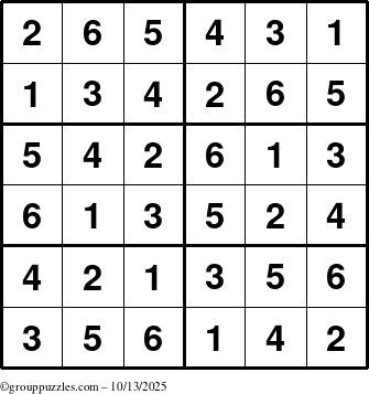 The grouppuzzles.com Answer grid for the Sudoku-Junior puzzle for Monday October 13, 2025