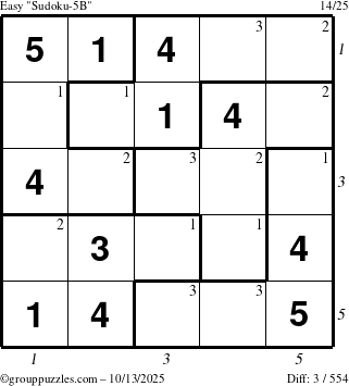 The grouppuzzles.com Easy Sudoku-5B puzzle for Monday October 13, 2025 with all 3 steps marked