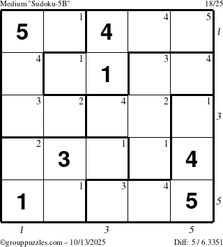 The grouppuzzles.com Medium Sudoku-5B puzzle for Monday October 13, 2025 with all 5 steps marked