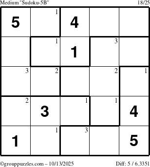 The grouppuzzles.com Medium Sudoku-5B puzzle for Monday October 13, 2025 with the first 3 steps marked