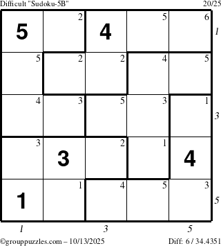 The grouppuzzles.com Difficult Sudoku-5B puzzle for Monday October 13, 2025 with all 6 steps marked