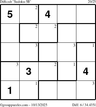 The grouppuzzles.com Difficult Sudoku-5B puzzle for Monday October 13, 2025 with the first 3 steps marked