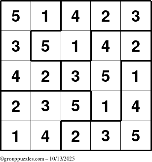 The grouppuzzles.com Answer grid for the Sudoku-5B puzzle for Monday October 13, 2025