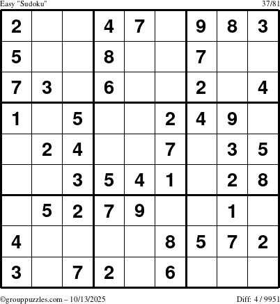 The grouppuzzles.com Easy Sudoku puzzle for Monday October 13, 2025