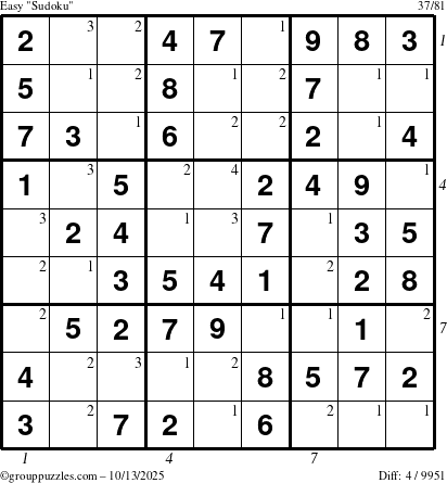 The grouppuzzles.com Easy Sudoku puzzle for Monday October 13, 2025 with all 4 steps marked