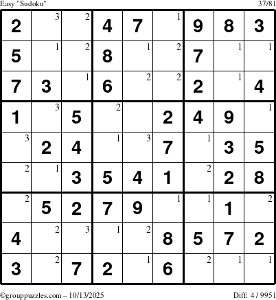 The grouppuzzles.com Easy Sudoku puzzle for Monday October 13, 2025 with the first 3 steps marked