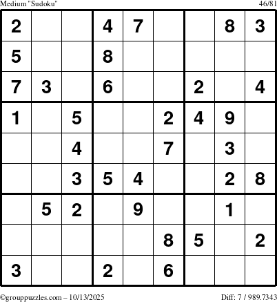 The grouppuzzles.com Medium Sudoku puzzle for Monday October 13, 2025