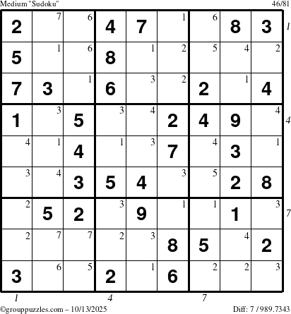 The grouppuzzles.com Medium Sudoku puzzle for Monday October 13, 2025 with all 7 steps marked
