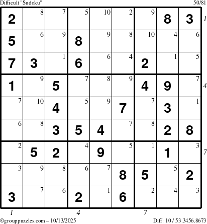 The grouppuzzles.com Difficult Sudoku puzzle for Monday October 13, 2025 with all 10 steps marked