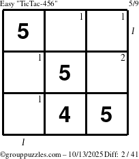 The grouppuzzles.com Easy TicTac-456 puzzle for Monday October 13, 2025 with all 2 steps marked