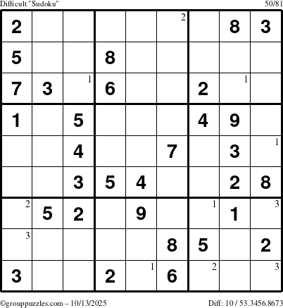 The grouppuzzles.com Difficult Sudoku puzzle for Monday October 13, 2025 with the first 3 steps marked