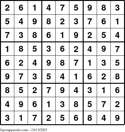 The grouppuzzles.com Answer grid for the Sudoku puzzle for Monday October 13, 2025